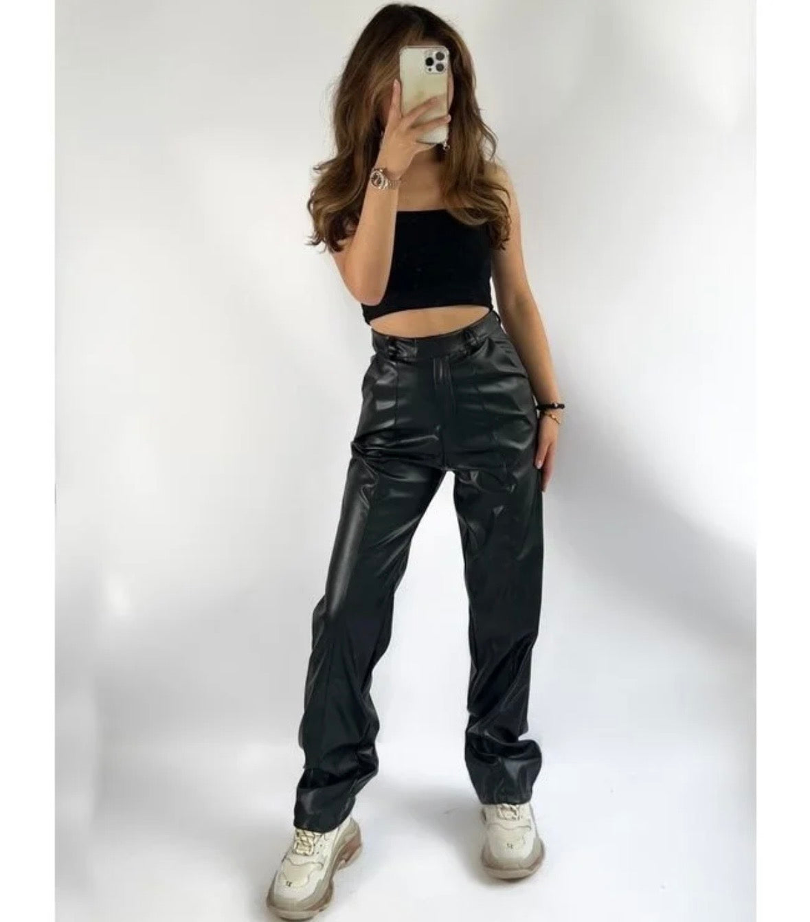 Straight leg leather look pants