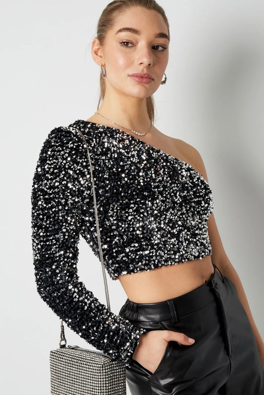 Off shoulder glitter top - zilver