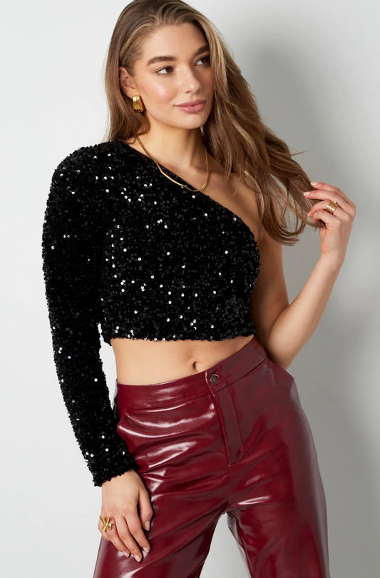 Off shoulder glitter top - zwart
